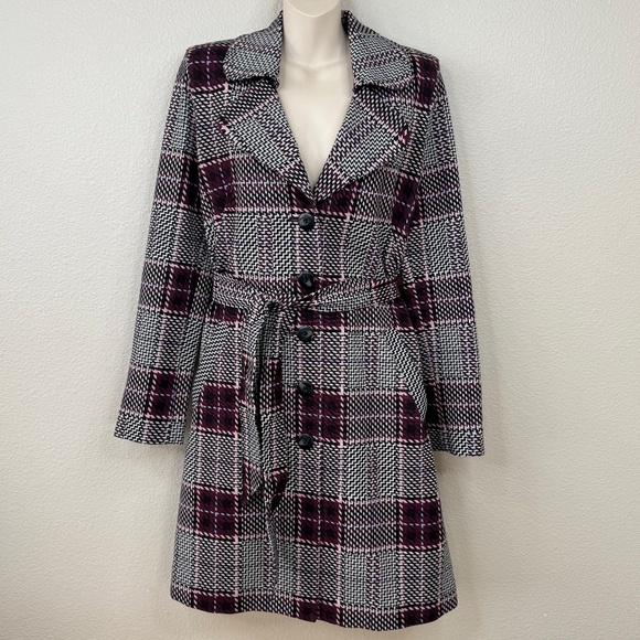🧥 CABI Sovereign Plaid Trench Coat Ponte Knit Pocket Notch Collar Belt Medium M - Picture 1 of 16